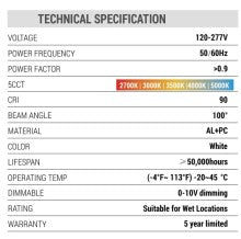 Commercial Downligh 10Inch White SUG6 120-277V 38W 100lm/W 1200lm CRI90 0-10V dim - technical specifications